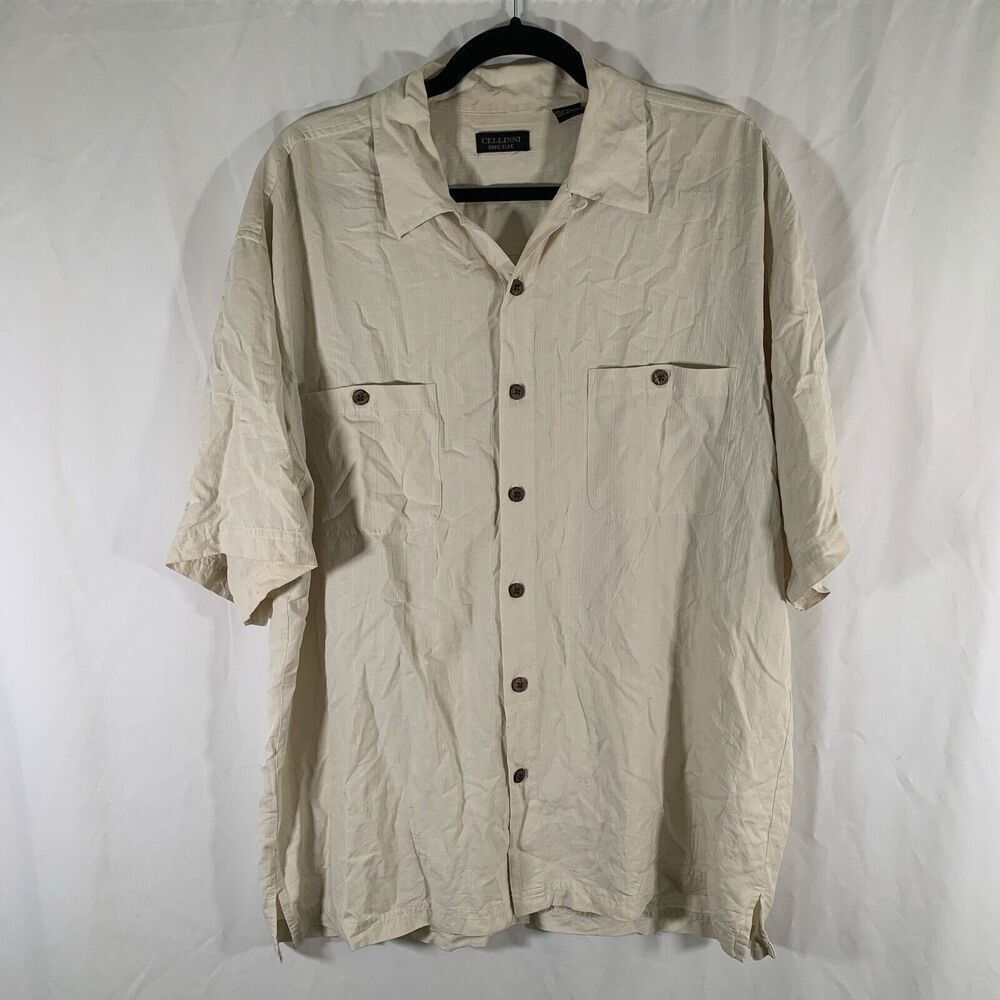 Cellinni Silk Shirt Men's XL White Button Up Short Sleeve Polo Collared